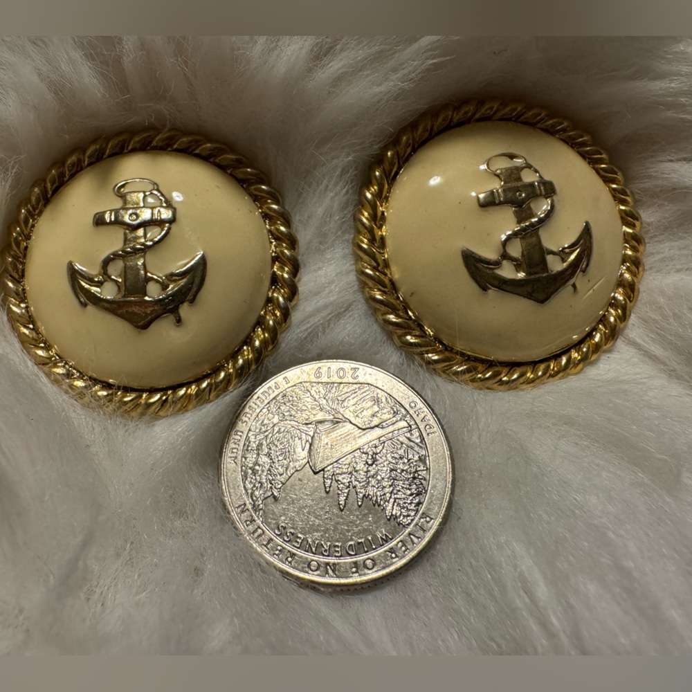Vintage Gold-Tone and Cream Enamel Clip-on Anchor Button Earrings